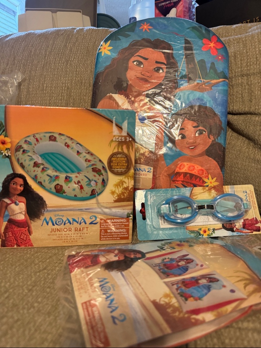 Moana 2 Kids Blue Swim Kickboard, Jr Raft, Goggles and arm floaties Set